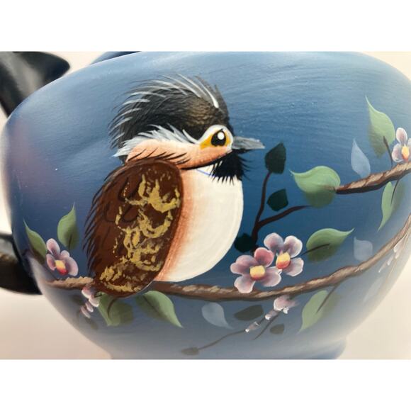 Vintage Mirro Teapot Aluminum Hand Painted Floral and Bird USA Blue with Lid - Picture 2 of 9